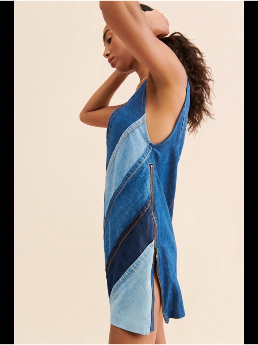 Free People Two-Tone Blue Patchwork Denim Mini Dress XS - Picture 2 of 10